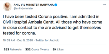 Anil Vij, Haryana health minister tests Covid-19 positive